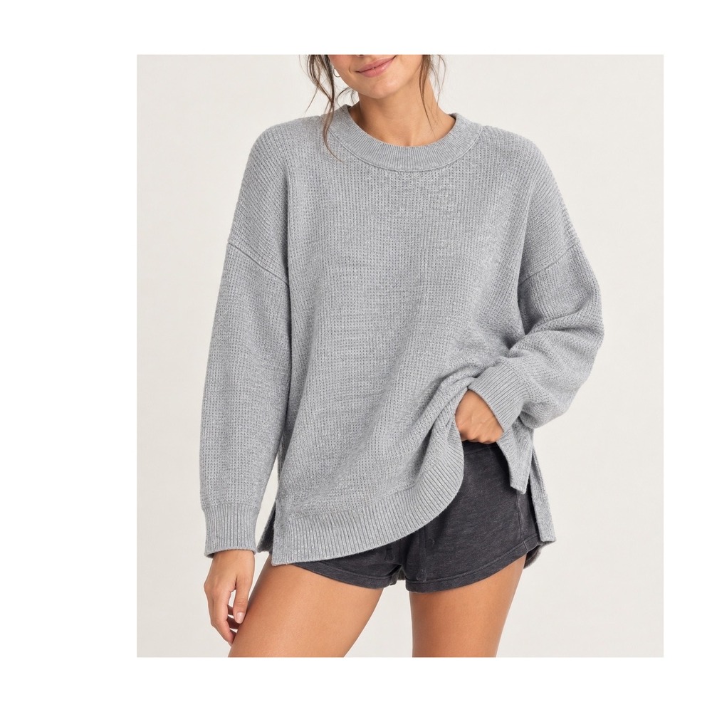 Aerie Waffle Knit Crewneck Sweater Size XL Gray Oversized Cozy Neutral Cabincore